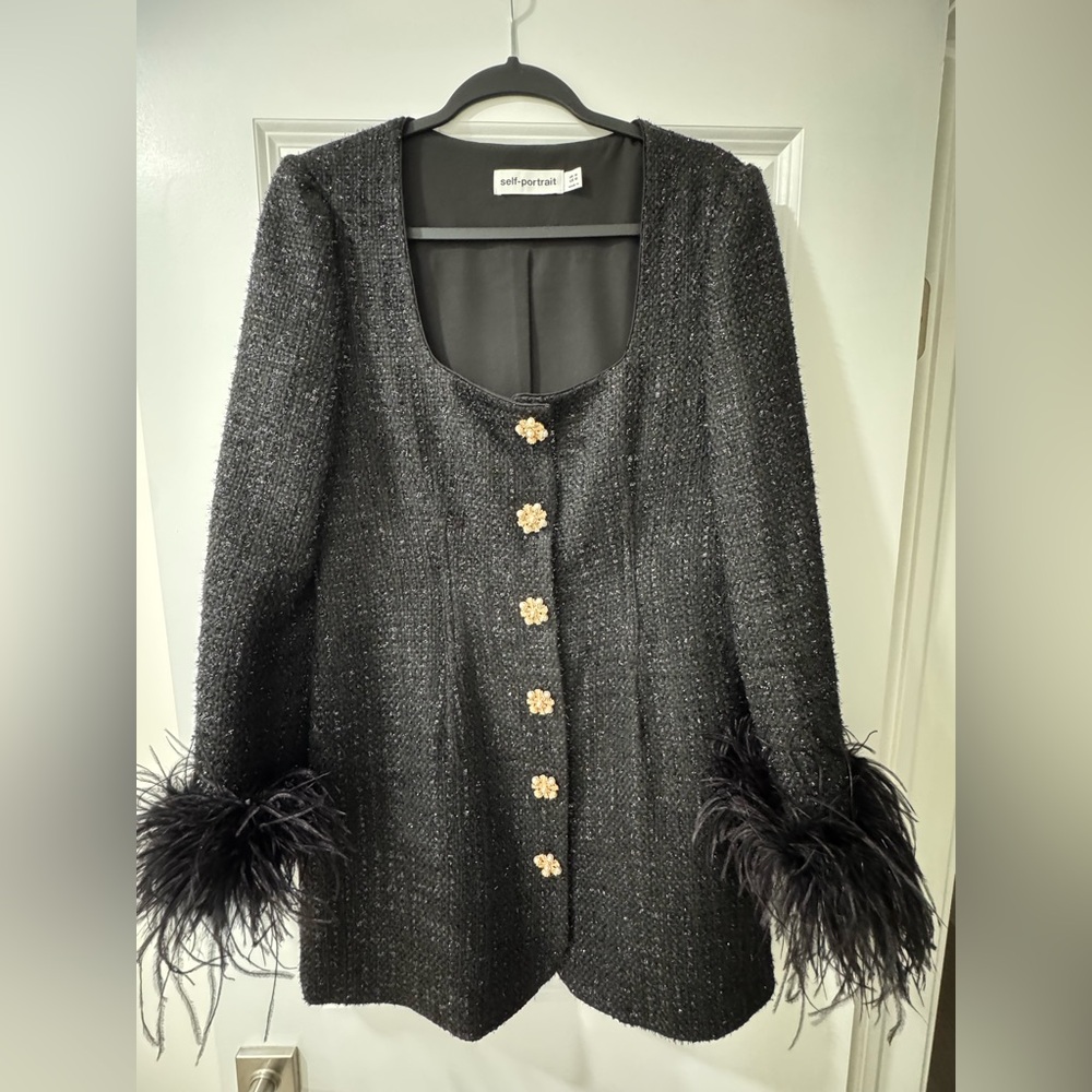 Self-Portrait Charcoal Tweed Blazer with Feather Accents